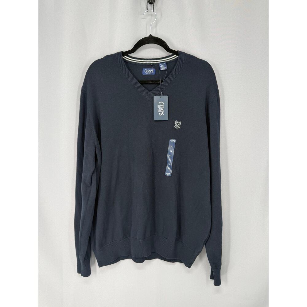 Chaps Sweater Mens XL Blue 100% Cotton V Neck Logo Knit Pullover Long Sleeve